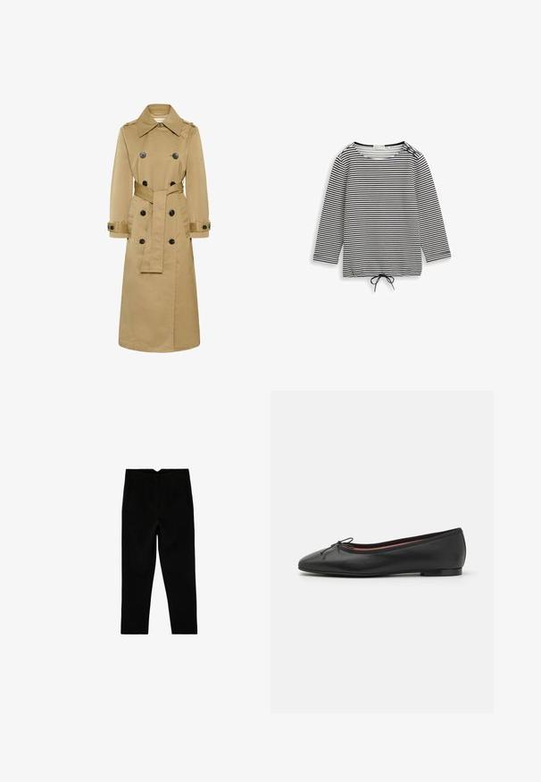 Trench-coat beige long double boutonnage avec boutons noirs, col large, taille ceinturée et poignets boutonnés, présenté sur fond blanc.; Chemise à manches longues rayée noir et blanc à rayures horizontales, col rond, deux boutons sur l’épaule gauche et cordon de serrage à l’ourlet.; Pantalon noir sur mesure longueur cheville avec poches latérales et jambe légèrement fuselée, présenté à plat sur un fond blanc.; Ballerines en cuir noir avec un bout arrondi, détail de nœud à l'avant et un talon bas et plat. Texture lisse et design épuré.