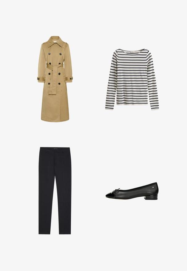 Langer beigefarbener doppelt geknöpfter Trenchcoat mit schwarzen Knöpfen, weitem Kragen, tailliertem Gürtel und geknöpften Manschetten, dargestellt vor weißem Hintergrund.; Weißes Langarmshirt mit marineblauen horizontalen Streifen und kleinem "GANT"-Logo am linken Ärmelbündchen.; Schwarze, schmal geschnittene Anzughosen mit Gürtelschlaufen und Fronttaschen, designet für einen maßgeschneiderten, professionellen Look.; Schwarze Ballerinas mit spitzem Zehenbereich, aus Leder gefertigt, mit Lackleder-Akzent an der Zehe und einem niedrigen Blockabsatz. Verfügt über ein Schleifen-Detail.