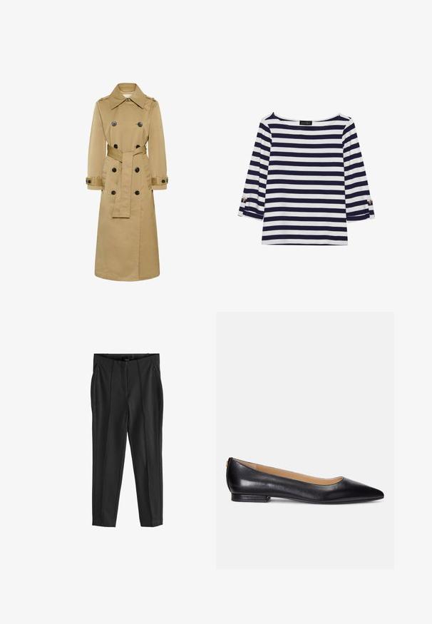 Lange beige double-breasted trenchcoat met zwarte knopen, brede kraag, taille met ceintuur en knoopmanchetten, afgebeeld op een witte achtergrond.; Marineblauw en witte gestreepte longsleeve top met een bootnek en gouden knoopaccenten op de opgerolde mouwen. Zachte stof, relaxte pasvorm.; Zwarte broeken met een gladde textuur, voorzien van ritszakken aan de voorkant en duidelijke plooien. Minimalistisch ontwerp met een getailleerde pasvorm.; Zwarte leren ballerina's met een spitse neus, lage hak en een gouden accent op de hak. Glad textuur met een klassieke uitstraling.