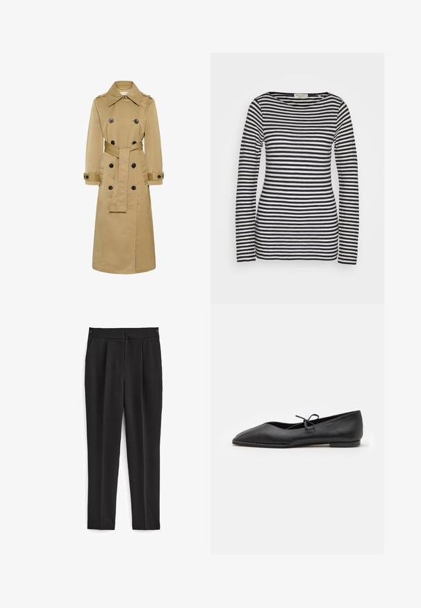 Lang beige dobbeltradet trenchcoat med sorte knapper, bred krave, bæltet talje og knappede manchetter, vist på hvid baggrund.; Langærmet top i bomuld med vandrette marineblå og hvide striber, rund hals, slank pasform, med en glat tekstur og minimalistisk design.; Sorte bukser med skræddersyet pasform, med flad front, to sidelommer og et rent, sømløst design. Fremstillet af et glat, åndbart stof.; ALOHAS SWAY - Ballerinasko - black
