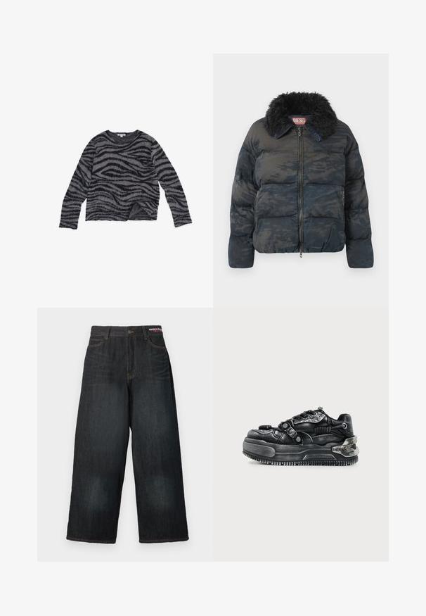 Chaqueta acolchada negra con patrón de camuflaje sutil, cierre de cremallera y cuello de piel sintética. Cuenta con dos bolsillos laterales.; Suéter a rayas negras y grises con mangas largas, cuello redondo, textura suave y un dobladillo ligeramente corto. Hecho de un material peludo.; Vaqueros de mezclilla azul oscuro de pierna ancha con cierre de botones, cinco bolsillos y costuras amarillas. La tela parece ligeramente desgastada.; Zapatilla chunky negra con suela gruesa, diseño con cordones, correas texturizadas y detalles metálicos en el talón y los lados sobre un fondo claro.