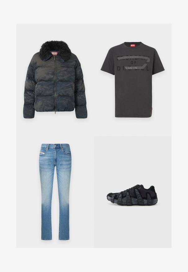 Veste en doudoune noire matelassée avec col en fausse fourrure, fermeture éclair et motif camouflage subtil. Dispose de deux poches latérales.; T-shirt en coton gris avec un texte noir audacieux indiquant "PROPERTY OF D.I.E.S.E.L.", à la texture lisse et manches courtes.; Jean en denim bleu clair avec une coupe ajustée, présentant une jambe droite et un léger délavé vers le bas. Style classique à cinq poches.; Baskets noires avec semelle renforcée à nervures exagérées, design à lacets, dessus en textile mélangé et daim, vues de profil sur fond blanc.