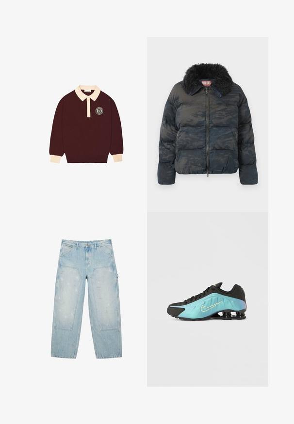 Sort, quiltet pufferjakke med faux fur-krave, lynlåslukning og diskret camouflage-mønster. Har to sidelommer.; Bordeauxfarvet langærmet polo skjorte med cremefarvet krave og manchetter, knaplukning foran og cirkulært "Prohibited Berlin" logo på venstre bryst.; Let videblå denimjeans med store forlommer, bæltestropper, knaplukning og sidelomme til værktøj.; Sort sneaker med et gradientturkis design, der har en gylden logo, tekstureret overflade og karakteristisk polstring ved sålen.