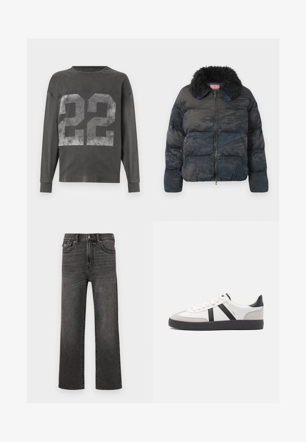 Schwarze gesteppte Pufferjacke mit Kunstfellkragen, Reißverschluss und subtilen Camouflagemuster. Verfügt über zwei Seitentaschen.; Dunkelgrauer Langarm-Sweatshirt mit großem, verblasstem weißen Aufdruck der Nummer 22 auf der Vorderseite, Rundhalsausschnitt und gerippten Bündchen.; Schwarze, ausgewaschene Jeans mit geradem Bein, Vorder- und Münztaschen, Knopf- und Reißverschluss, auf einem weißen Hintergrund präsentiert.; Weiße Sneaker mit schwarz- und grau-aczenten, ausgestattet mit einer strukturierten grauen Zehenkappe, schwarzer Gummi-Sohle und flachen weißen Schnürsenkeln. Sauberes Design, minimalistische Stil.