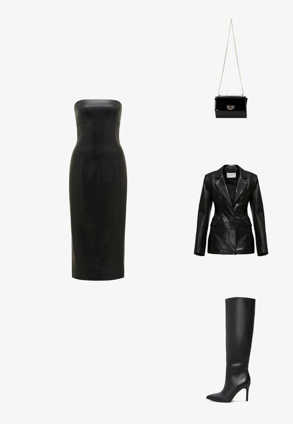Schwarze Lederblazer mit strukturiertem Design, mit aufgeschlagenem Revers, einem einzelnen Knopf vorne und Seitentaschen, mit einer glatten Textur.; Schwarzes, trägerloses Lederkleid mit einer figurbetonten Silhouette, knielang, glatte Textur und vertikale Nähte für Definition.; Schwarze kniehohe Stöckelschuhstiefel aus Leder mit spitzer Zehenform und glänzender, glatter Oberfläche. Verfügt über einen hohen, schlanken Absatz für eine verlängerte Silhouette.; Schwarz glänzende Handtasche aus Lackleder mit einem goldenen Kettenriemen, rechteckige Form, mit einem Verschluss mit Klappe und einem metallischen Logo-Akzent.