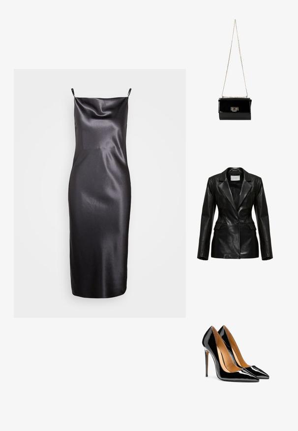 Zwart leren blazer met een gestructureerd ontwerp, revers-kraag, een enkele voorknoop en zijzakken, met een gladde textuur.; Samsøe Samsøe FREDERICKA LONG DRESS - Cocktailjurk - ombre dark; Een paar glanzende zwarte lakleren pumps met puntige neus, naaldhakken en een beige binnenvoering op een witte achtergrond.; Zwarte gepatineerde leren handtas met een gouden schouderband, rechthoekige vorm, voorzien van een flapsluiting aan de voorkant en een metallic logo accent.