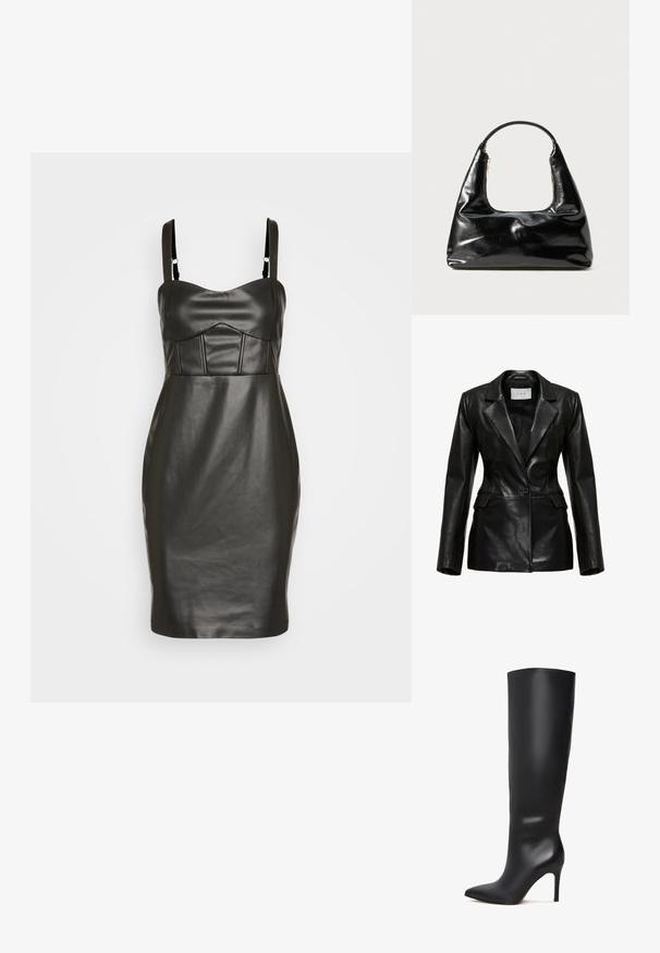 Schwarze Lederblazer mit strukturiertem Design, mit aufgeschlagenem Revers, einem einzelnen Knopf vorne und Seitentaschen, mit einer glatten Textur.; Schwarzes Kunstlederkleid mit taillierter Silhouette, dünnen Trägern und einem strukturierten, gepolsterten Oberteil mit vertikalen Nähten. Glatte Textur.; Schwarze kniehohe Stöckelschuhstiefel aus Leder mit spitzer Zehenform und glänzender, glatter Oberfläche. Verfügt über einen hohen, schlanken Absatz für eine verlängerte Silhouette.; Schwarze Lacklederhandtasche mit einem halbkreisförmigen Griff, trapezförmiger Form, glatter Oberfläche und einem einzigen Reißverschlussdetail.