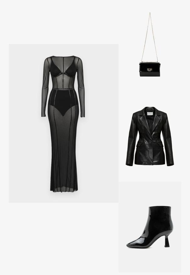 Schwarze Lederblazer mit strukturiertem Design, mit aufgeschlagenem Revers, einem einzelnen Knopf vorne und Seitentaschen, mit einer glatten Textur.; Schwarzes Mesh-Kleid mit langen Ärmeln und körpernahem Oberteil. Verfügt über transparente Einsätze und Perlenakzente entlang der Nähte, bodenlanger Schnitt.; Schwarzer glänzender Lackleder-Stiefelette mit spitzer Zehenpartie und ausgestelltem mittelhohem Absatz auf weißem Hintergrund.; Schwarz glänzende Handtasche aus Lackleder mit einem goldenen Kettenriemen, rechteckige Form, mit einem Verschluss mit Klappe und einem metallischen Logo-Akzent.