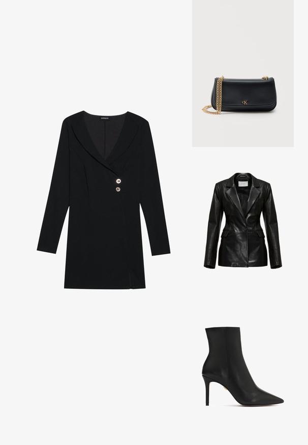 Zwart leren blazer met een gestructureerd ontwerp, revers-kraag, een enkele voorknoop en zijzakken, met een gladde textuur.; Zwarte jurk met lange mouwen, V-hals en dubbele knoopsluiting. Bevat een zijsplit en heeft een getailleerd ontwerp voor een gestructureerd silhouet.; Zwarte leren enkelboot met een puntige neus, hoge stilettohak en een gladde textuur. Naaddetails lopen langs de achterkant.; Zwarte leren schoudertas met gouden kettingriem en klein gouden "cK"-logo in het midden van de voorflap tegen een effen achtergrond.