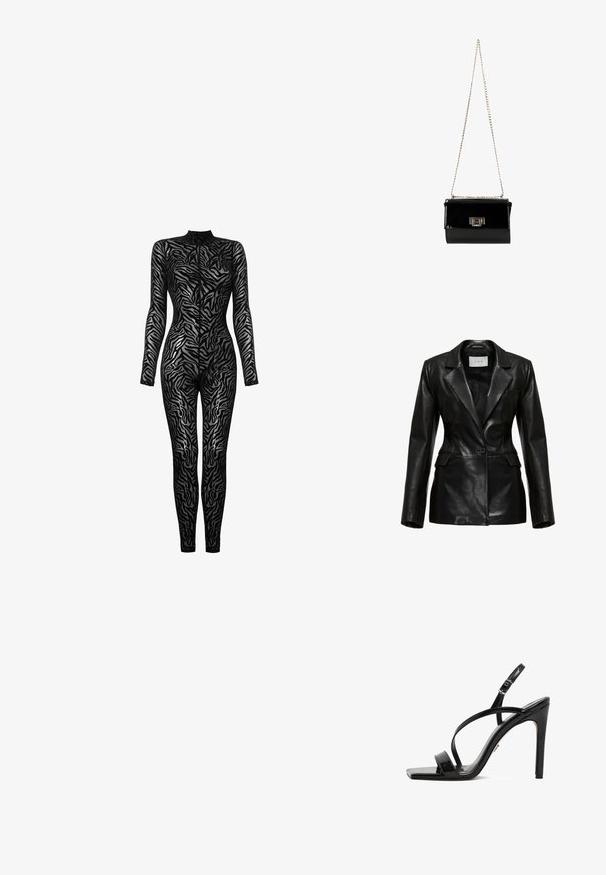 Zwart leren blazer met een gestructureerd ontwerp, revers-kraag, een enkele voorknoop en zijzakken, met een gladde textuur.; Zwarte doorschijnende bodysuit met lange mouwen, hoge kraag en zebra-strepenpatroon. Bevat een aansluitend ontwerp en textuur gaasstof.; Zwarte sandaal met hoge hak van lakleer, met een vierkante neus, dunne gekruiste bandjes, verstelbare enkelriem en stilettohak.; Zwarte gepatineerde leren handtas met een gouden schouderband, rechthoekige vorm, voorzien van een flapsluiting aan de voorkant en een metallic logo accent.