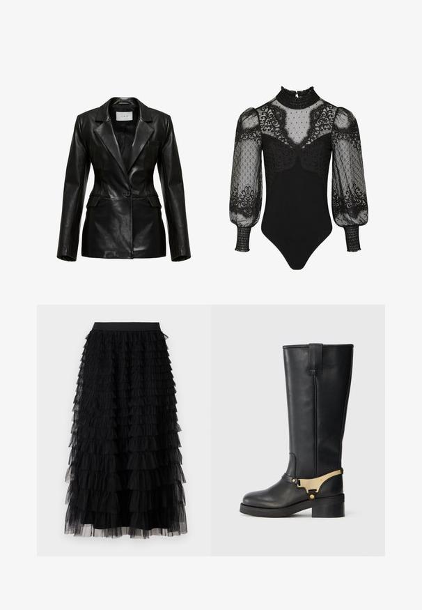 Zwart leren blazer met een gestructureerd ontwerp, revers-kraag, een enkele voorknoop en zijzakken, met een gladde textuur.; Zwarte bodysuit met een hoge ruches kraag, doorzichtige pofmouwen met kantaccenten en een aansluitende onderkant. Gedetailleerd met stippen en bloemenpatronen.; Vero Moda VMNAJA Mid waist Long - Maxirok - black; Zwarte laarzen tot de knie van leer met een gouden metalen accentband, een chunky hak en een platte zool, voorzien van een versterkte achterkantlus.