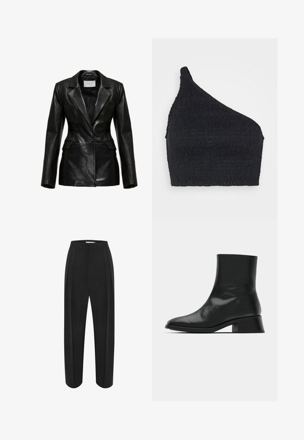 Schwarze Lederblazer mit strukturiertem Design, mit aufgeschlagenem Revers, einem einzelnen Knopf vorne und Seitentaschen, mit einer glatten Textur.; Faithfull the brand LE MANOA - Top - BLACK; Schwarze weit geschnittene Hose mit hoher Taille, aus einem glatten Material und mit zwei vorderen Falten. Entworfen in einem klaren, maßgeschneiderten Schnitt.; Schwarze Ankle Boots aus glänzendem Leder, mit einem eleganten Design, spitzer Zehenpartie und einem moderaten Blockabsatz für Stabilität.
