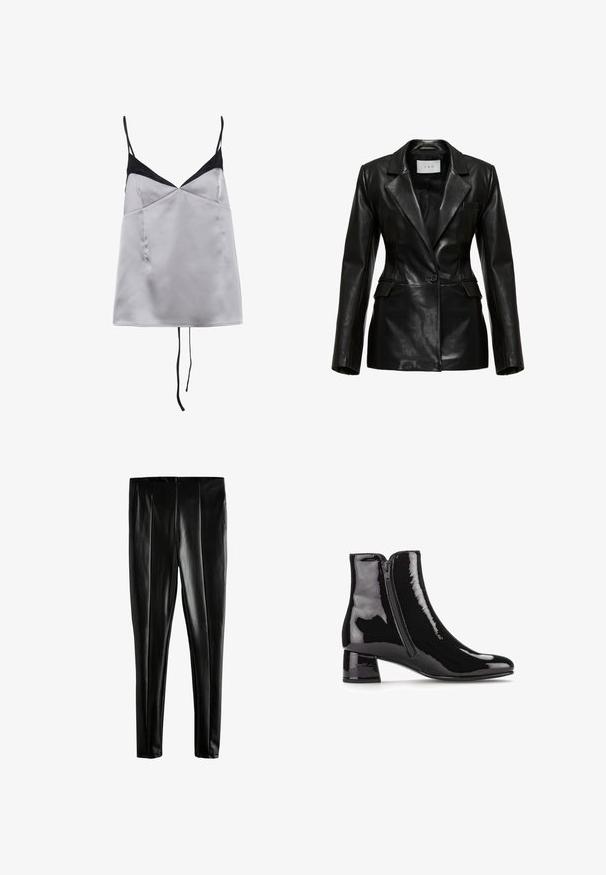 Zwart leren blazer met een gestructureerd ontwerp, revers-kraag, een enkele voorknoop en zijzakken, met een gladde textuur.; Satijnen topje in lichtgrijs met zwarte accenten en dunne bandjes. Heeft een V-halslijn, een soepele textuur en een ontspannen pasvorm.; Zwarte faux leren leggings met een gladde textuur, met een hoge taille en naden aan de voorkant en achterkant.; Zwarte gepatineerde leren enkellaarzen met een puntige neus, zijrits en een blokhak. Glad textuur met een hoogglanzende afwerking.