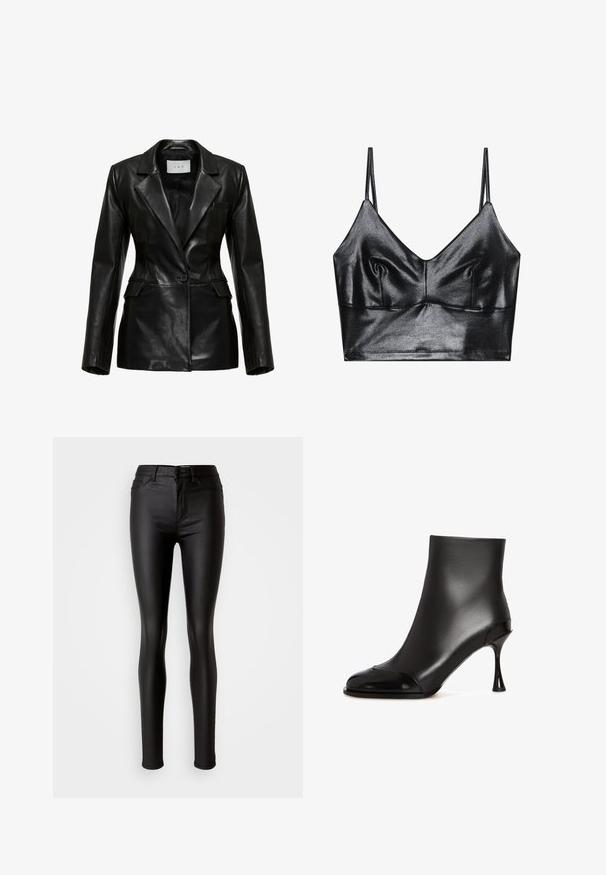 Sort læderblazer med en struktureret design, enkelt klapkrave, en enkelt frontknap og sidelommer, med en glat tekstur.; Sorte, skinnende bralette med tynde justerbare stropper, der har en V-udskæring, glat tekstur og subtil samling ved brystet for form.; Sorte faux læder skinny jeans med en glat overflade, høj talje, knaplukning og traditionelt fem-lomme design.; Sorte ankelstøvler lavet af glat læder med en blank tåhætte, der har en spidset hæl og et strømlinet, figursygt design.