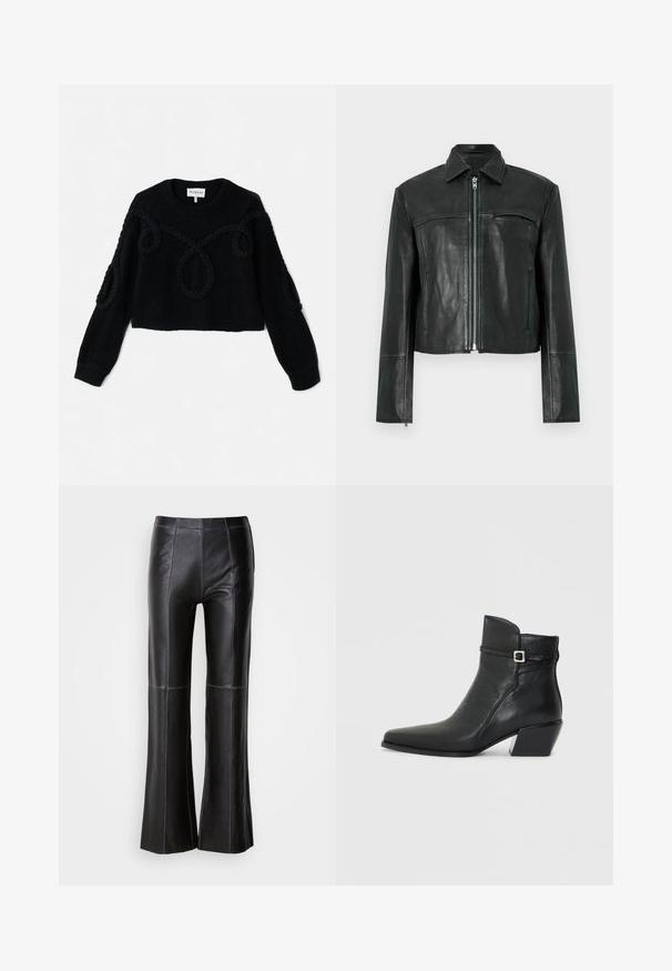 Veste en cuir noire avec fermeture éclair à l'avant, col pointu et une poche poitrine. Présente des détails de coutures et une coupe courte. Texture lisse.; Pull en tricot noir avec un design court, un tissu texturé et des accents tressés sur le devant et les manches.; Pantalon évasé en cuir noir avec surpiqûres contrastantes bleues, texture lisse, taille haute et silhouette ajustée.; Bottines en cuir noir avec un bout pointu, un petit talon carré et une sangle décorative avec une boucle en argent. Texture lisse.