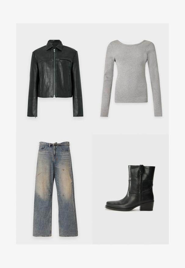 Sort læderjakke med lynlåslukning foran, spidst krave og en brystlomme. Har sømdetaljer og en cropped pasform. Glat tekstur.; Langærmet rundhals ribstrikket sweater i lysegrå med en figursyet silhuet og sømløse skuldre.; Lysblå denimjeans med et løst, lige ben-design. Har slidte, falmede og beskadigede detaljer nær knæene. Klassisk fem-lomme stil.; Sort læder ankelstøvle med rundt tå, blokhæl, lynlås i siden og stikninger på vampsiden. Glat tekstur, klassisk design.