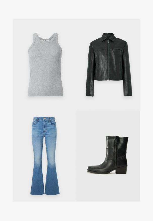 Sort læderjakke med lynlåslukning foran, spidst krave og en brystlomme. Har sømdetaljer og en cropped pasform. Glat tekstur.; Grå ribbet tanktop med rund halsudskæring og brede skulderstropper. Stoffet har en blød tekstur og en tætsiddende silhuet.; Lyseblå, viddeudvidede jeans med høj talje, lavet af denim. Har falmede områder omkring knæene og et klassisk design med fem lommer og metal knaplukning.; Sort læder ankelstøvle med rundt tå, blokhæl, lynlås i siden og stikninger på vampsiden. Glat tekstur, klassisk design.