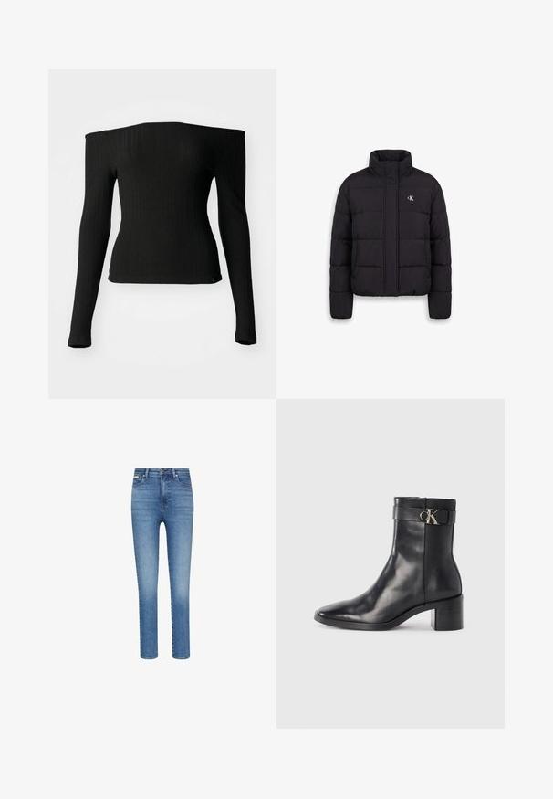 Sort quiltet dunjakke med høj krave og lynlås foran, med lille hvid Calvin Klein-logo på venstre bryst.; Sort langærmet top lavet af ribbet stof med off-the-shoulder halsudskæring, tætsiddende design og lige kant. Diskret mærke i bunden.; Smaltsiddende jeans i mediumvasket blå denim. Har høj talje, fem-lommer-design og kontrastsyninger overalt.; Sort læder ankelstøvle med spids tå, blokhæl og en rem med en metallisk logo detalje. Glat tekstur og minimalistisk design.
