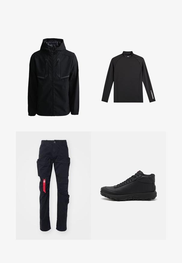 Chaqueta negra con capucha, cremallera frontal y dos bolsillos verticales en el pecho con cremalleras y detalles reflectantes.; Camiseta negra deportiva de manga larga con cuello alto falso, corte ajustado y logo blanco "J.Lindeberg" en la manga izquierda y el cuello.; Pantalones cargo negros con múltiples bolsillos laterales, un pasador para cinturón y una etiqueta de tela roja en el lado izquierdo. Hechos de un material de algodón duradero.; Zapatillas altas negras hechas de cuero texturizado, con suela de goma gruesa con patrones de tracción y diseño de cordones. Acabado en rojo en la lengüeta.