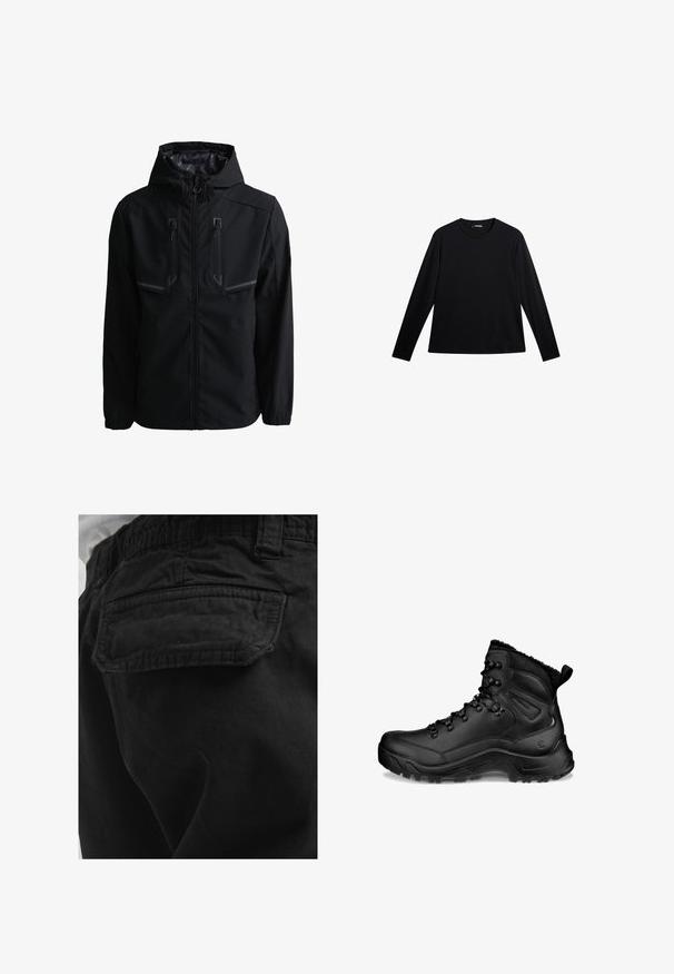 Veste noire à capuche avec fermeture éclair frontale et deux poches poitrine verticales zippées avec accents réfléchissants.; T-shirt noir à manches longues en tissu lisse, doté d'un col rond et d'un logo discret sur le devant, avec une coupe décontractée.; Poche arrière d’un pantalon noir avec rabat et coutures visibles, porté par une personne en chemise blanche.; Botte de randonnée noire montante avec cheville rembourrée, crochets à lacets, semelle robuste et languette au talon, conçue pour une utilisation en extérieur et par temps froid.