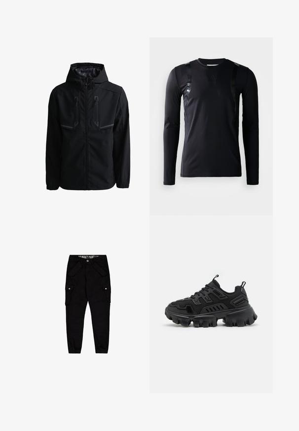 Zwarte gewatteerde jas met capuchon, voorrits en twee verticale borstzakken met rits en reflecterende accenten.; Zwarte lange-mouwen sportshirt gemaakt van glad, rekbaar materiaal. Kenmerkt zich door glanzende zwarte accenten op de schouders en een Adidas-logo op de borst.; Zwarte cargobroek van katoen, met meerdere zakken, een aansluitend ontwerp en elastische manchetten bij de enkels.; Zwarte sportschoen met een gestructureerde rubberen zool, gelaagde designelementen en versterkte accenten. Heeft veters en een trekklep bij de hiel.