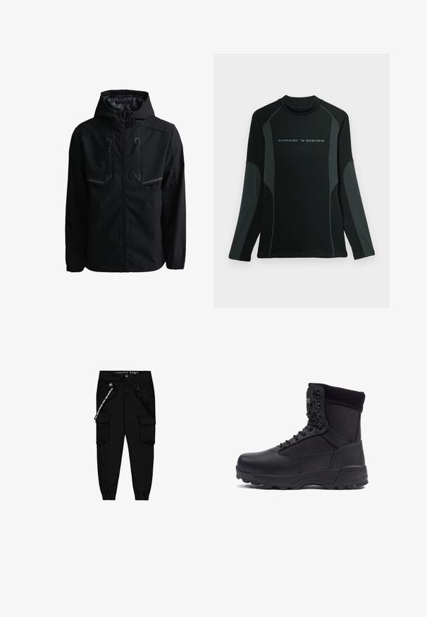 Schwarze Kapuzenjacke mit Frontreißverschluss und zwei vertikalen, mit Reißverschluss versehenen Brusttaschen mit reflektierenden Akzenten.; Schwarzes langärmliges Shirt mit hohem Kragen, aus strukturiertem Stoff. Hat graue Seitenpanels und das "NIKE TECH"-Logo auf der Brust.; Schwarze Cargo-Hose aus leichtem Stoff, mit zwei Seitentaschen, einem elastischen Bund und verstellbaren Beinabschlüssen.; Schwarzer taktischer Stiefel mit einem glatten Lederoberteil und Stoffpaneelen, hoher Knöchelgestaltung, schnürbarem vorderen Teil und robustem Gummisohle.