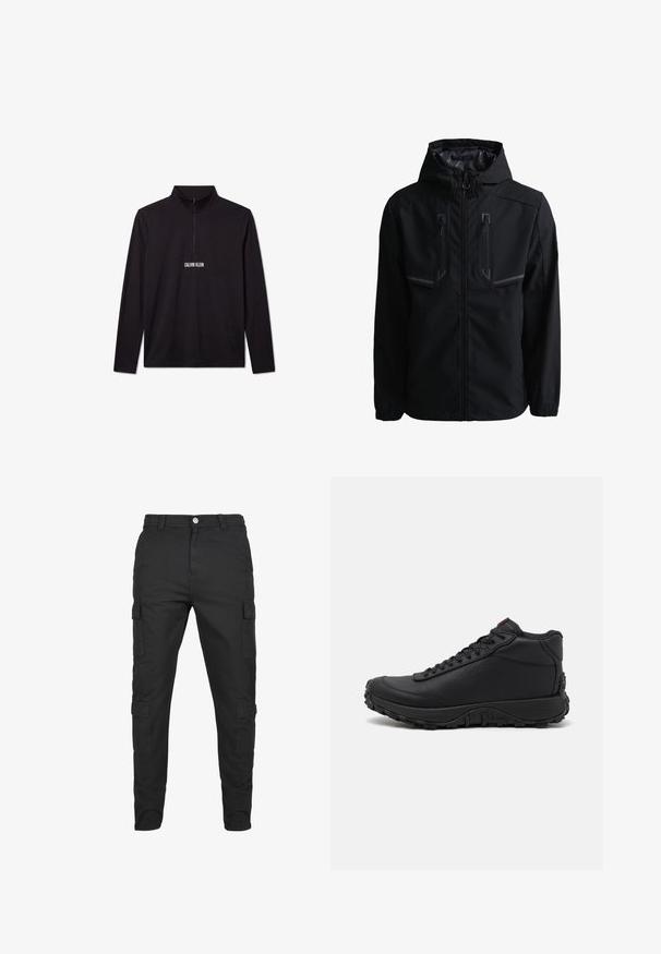 Zwarte gewatteerde jas met capuchon, voorrits en twee verticale borstzakken met rits en reflecterende accenten.; Zwarte Calvin Klein trui met lange mouwen, een kwart rits en een wit logo gedrukt op de borst.; Zwarte cargobroek van duurzaam materiaal. Beschikt over meerdere zijzakken, een knoopsluiting en een taps toelopend ontwerp. Vlakke voorkant, geen patronen.; Zwarte high-top sneakers van gestructureerd leer, voorzien van een dikke rubberen zool met grippatronen en een vetersluiting. Rode accenten op de tong.