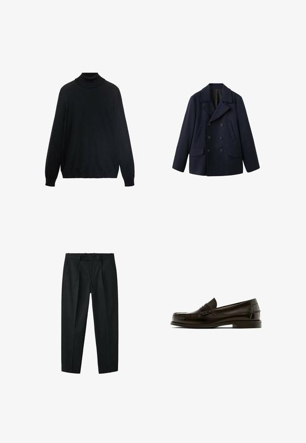Dobbeltradet navy peacoat i en tyk uldblanding. Har brede revers, to forlommer og seks knapper foran.; Sort turtleneck sweater med en tætsiddende krave, lange ærmer og ribbede manchetter og kant. Lavet af blødt, strækbart stof med en glat tekstur.; Sorte skræddersyede bukser med knap- og lynlås lukning, sidelommer, bæltestropper og forreste folder.; Brune læderloafer med rund tå, dekorativ syning og lav hæl. Glat tekstur med minimal hardware og klassisk design.