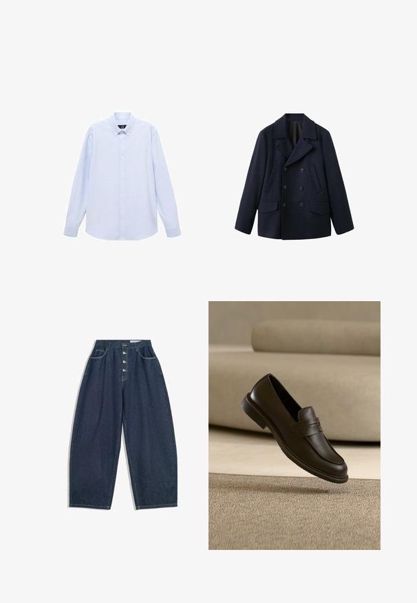 Dobbeltradet navy peacoat i en tyk uldblanding. Har brede revers, to forlommer og seks knapper foran.; Lyseblå langærmet skjorte med knapper og klassisk krave, lige bund og subtil tekstur. Har en central knaplukning.; Mørkeblå denim bukser med brede ben og høj talje, fem knaplukninger og fem lommer. Har stikninger som accent på sømmene.; En enkelt mørkebrun læderloafer svæver over et beige, tekstureret tæppe, med en sløret beige sofa i baggrunden.