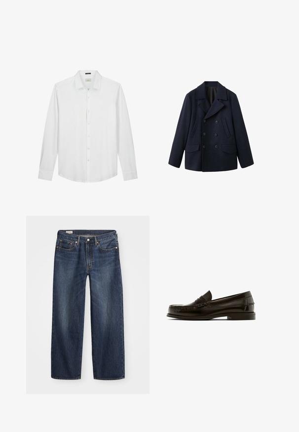 Dobbeltradet navy peacoat i en tyk uldblanding. Har brede revers, to forlommer og seks knapper foran.; Hvid langærmet skjorte, knapned krave, blød tekstur, glat stof, diskret logo på brystet og klassisk pasform med buet kant.; Mørkeblå denim jeans med lige ben, fem-lomme design, metalknap og lynlåsgylf samt subtile slidmærker.; Brune læderloafer med rund tå, dekorativ syning og lav hæl. Glat tekstur med minimal hardware og klassisk design.
