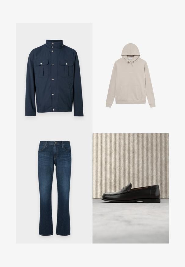 Marineblå herrejakke med høj krave, frontknapper med trykknap, to brystlommer med klap og trykknapper samt sidelommer.; Beige pullover hoodie lavet af blød bomuldsblanding. Har en hætte med snøre, lomme foran, ribbede manchetter og minimal brandingtekst.; Mørkeblå denimjeans med lige ben-design, fem lommer og metalknap-lukning. Glat tekstur med subtil falming.; Sort læder penny loafer med lav hæl, rundet tå og syningsdetaljer langs fronten og siderne, vist på neutral baggrund.