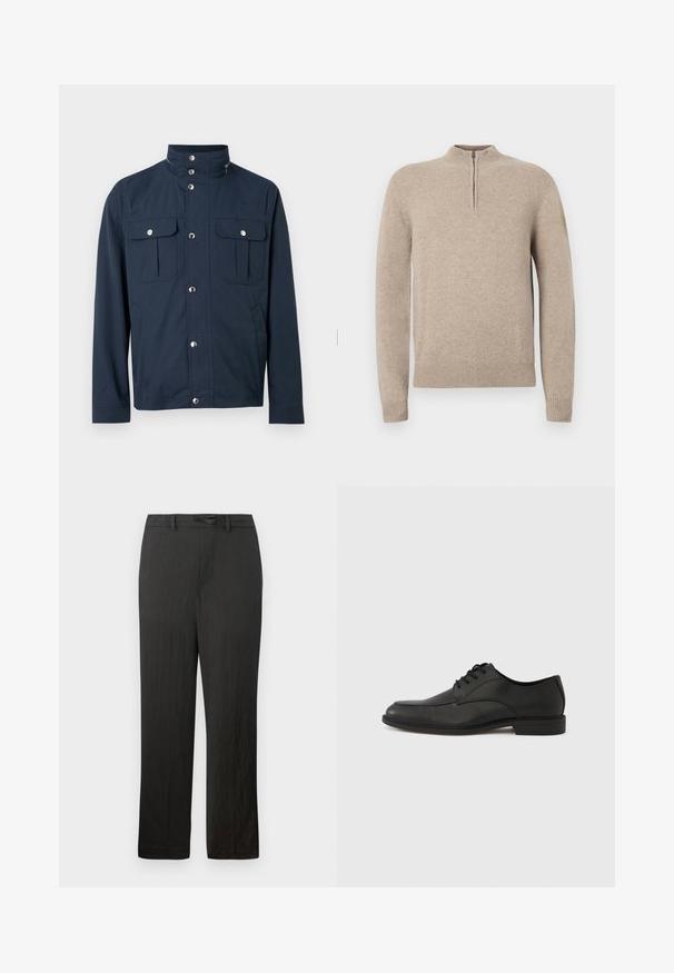 Marineblaue Herrenjacke mit hohem Kragen, vorderen Druckknöpfen, zwei Brusttaschen mit Klappen und Druckknopfverschlüssen sowie Seitentaschen.; Beiger Strickpullover mit halbem Reißverschlusskragen, gerippten Bündchen und Saum. Glatte Textur mit figurbetontem Schnitt.; Schwarze, gerade geschnittene Hose mit glatter Textur, ausgestattet mit einem Kordelzugbund und einem subtilen, leichten Stoff.; Schwarzer Schnürschuh aus Leder mit glatter Oberfläche, abgerundeter Zehenkappe und niedrigem Gummihacken. Verfügt über dezente Nahtdetails am Obermaterial.