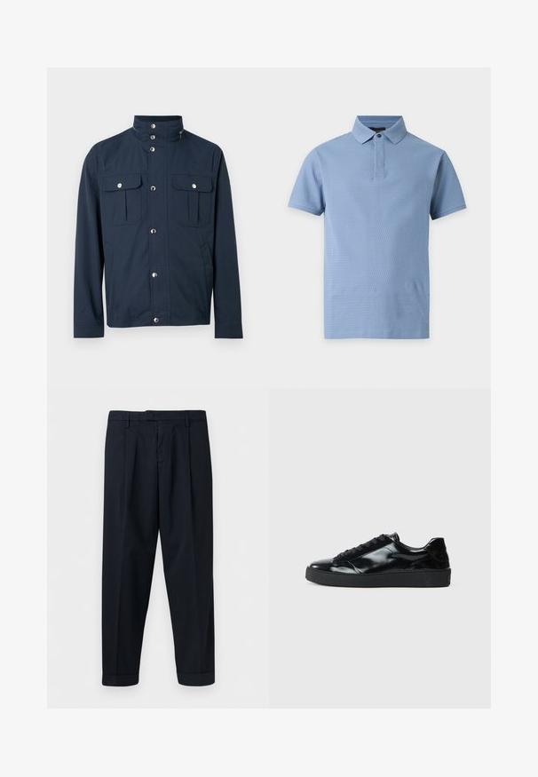 Veste pour homme bleu marine avec col montant, boutons-pression sur le devant, deux poches poitrine à rabat avec fermetures à pression, et poches latérales.; Polo bleu clair à manches courtes en tissu texturé, col classique et un seul bouton noir au niveau du col.; Pantalon bleu marine ajusté avec passants de ceinture, plis à l'avant et ourlets retroussés, présenté sur un fond blanc.; Baskets en cuir verni noir avec un bout arrondi, un laçage, une semelle en caoutchouc texturé et une finition lisse.