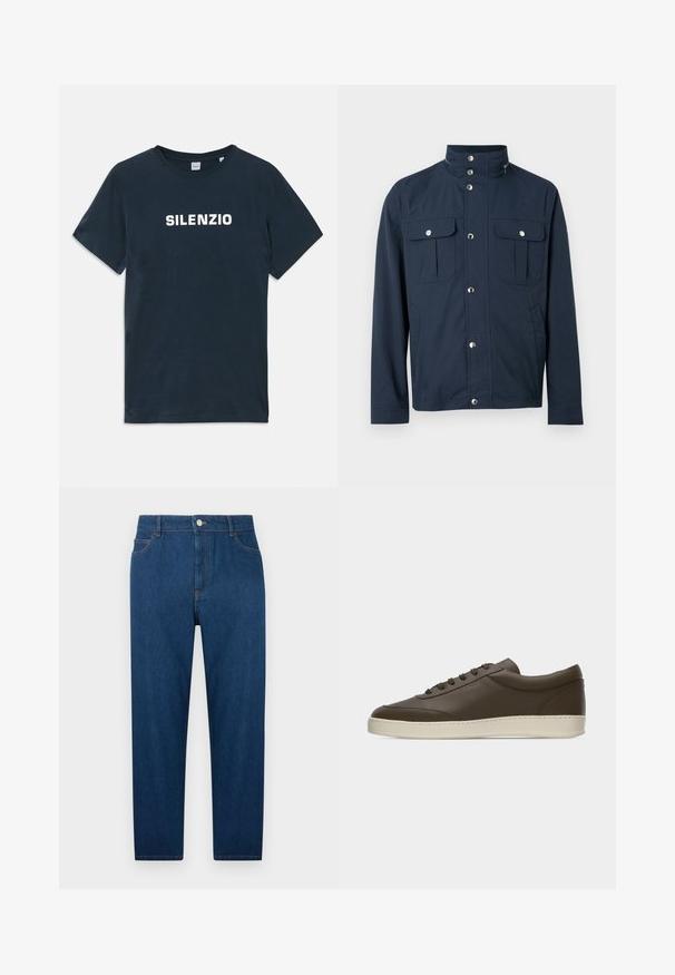 Donkerblauw herenjack met hoge kraag, drukknoopsluiting aan de voorkant, twee klepzakken op de borst met drukknoopsluiting en zijzakken.; Navyblauwe katoenen T-shirt met korte mouwen en een ronde hals. Voorzien van "SILENZIO" in vetgedrukte witte tekst over de borst.; Donkerblauwe denim spijkerbroek met rechte pijpen, voorzijde met knoop en ritssluiting, ontwerp met vijf zakken en zichtbare stiksels op taille en zakken.; Donkerbruine leren lage sneaker met veters aan de voorkant en een crèmekleurige rubberen zool, getoond vanaf de buitenkant tegen een witte achtergrond.