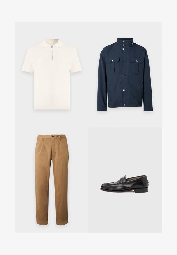 Veste pour homme bleu marine avec col montant, boutons-pression sur le devant, deux poches poitrine à rabat avec fermetures à pression, et poches latérales.; Polo blanc texturé à manches courtes avec col et fermeture éclair à l'avant, présenté sur un fond uni.; Chinos marron à jambes droites, plis à l'avant, deux poches avant et une seule poche arrière. Fabriqués dans un mélange de coton lisse.; Mocassins en cuir noir avec un design de style mocassin, présentant une bande décorative et un détail de couture sur le dessus. Talon bloc bas.