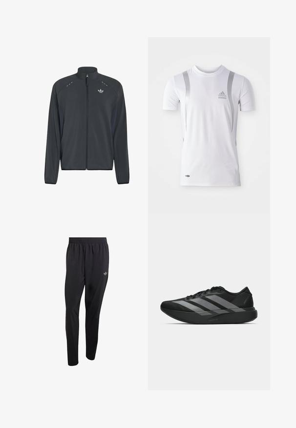 Zwarte Adidas jas met rits, lange mouwen, opstaande kraag, reflecterende details op de schouders en Adidas trefoil-logo op de borst.; Wit sportshirt met korte mouwen en zilveren accenten, met een ronde hals en een Adidas-logo op de borst. Gemaakt van vochtafvoerend materiaal.; Zwarte sportbroek gemaakt van lichtgewicht materiaal, voorzien van een elastische tailleband en een klein reliëflogo op het bovenste gedeelte van het linkerbeen.; Zwarte sportieve schoenen met een lichtgewicht ontwerp, voorzien van drie opvallende grijze strepen, een gladde textuur en een gevormde zool.