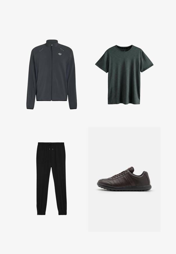 Zwarte Adidas jas met rits, lange mouwen, opstaande kraag, reflecterende details op de schouders en Adidas trefoil-logo op de borst.; Donkergrijze T-shirt gemaakt van zachte, gestructureerde stof. Beschikt over een klassieke ronde hals en korte mouwen met een subtiel patroon. Geen zichtbare logo's.; Zwarte joggingbroek gemaakt van zachte stof. Voorzien van een elastische tailleband met trekkoord, twee voorke pockets en ritsen bij de enkels voor gemakkelijk aan en uit trekken.; Bruin leren sneakers met een ronde neus, vetersluiting, subtiele stikdetails en een gestructureerde rubberen zool voor grip.
