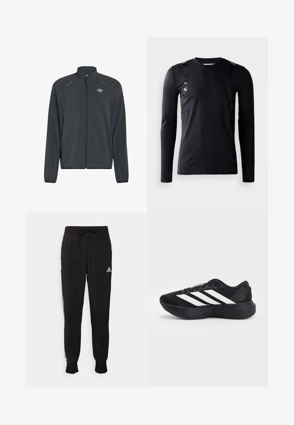 Chaqueta negra Adidas con cremallera, mangas largas, cuello alto, detalles reflectantes en los hombros y logotipo Adidas trefoil en el pecho.; Camisa deportiva de manga larga negra hecha de un tejido suave y elástico. Presenta detalles en negro brillante en los hombros y un logo de Adidas en el pecho.; Pantalones deportivos negros de tela suave, con cintura ajustable mediante cordón y franjas laterales blancas. Puños elásticos en los tobillos.; Zapatilla de correr negra con suela gruesa y tres rayas diagonales blancas en el lateral, vista desde el lado exterior.