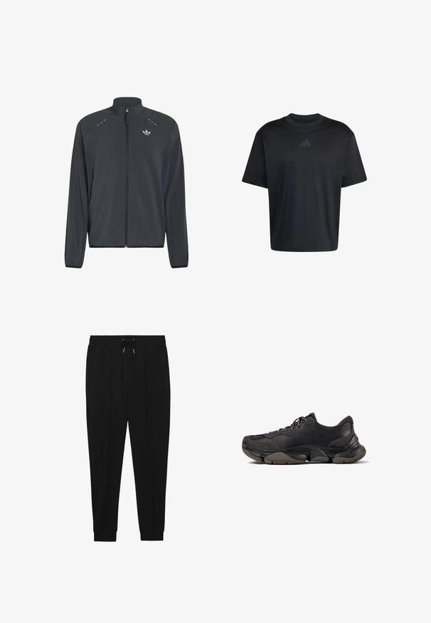 Chaqueta negra Adidas con cremallera, mangas largas, cuello alto, detalles reflectantes en los hombros y logotipo Adidas trefoil en el pecho.; Camiseta negra de manga corta con cuello redondo y un logo sutil de Adidas en gris oscuro centrado en el pecho.; Pantalones deportivos negros con cintura ajustable, piernas ajustadas y puños acanalados. Hechos de una tela suave con una textura lisa.; Zapatilla deportiva negra con suela texturizada, parte superior de cuero y gamuza, cuello acolchado y cierre con cordones, mostrada en perfil lateral.