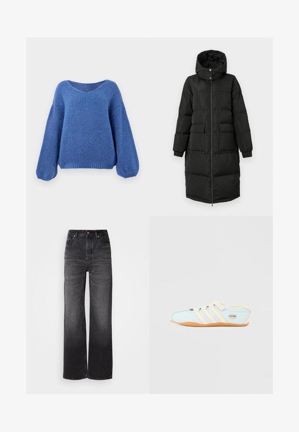 Lang, sort, polstret vinterfrakke med hætte, frontlynlås, to store klaplommer og elastiske manchetter.; Blå strikket sweater med v-hals, lange ballonærmer og et struktureret mønster. Blødt stof med en afslappet pasform, der har ribbede manchetter.; Sorte afslappede jeans med høj talje, fem lommer, knaplukning og en subtil falmet tekstur. Tyk stof med en struktureret pasform.; Lyseblå Adidas Tokyo-sneaker med beige tre striber, beige stropper og gummisål på en ensfarvet hvid baggrund.