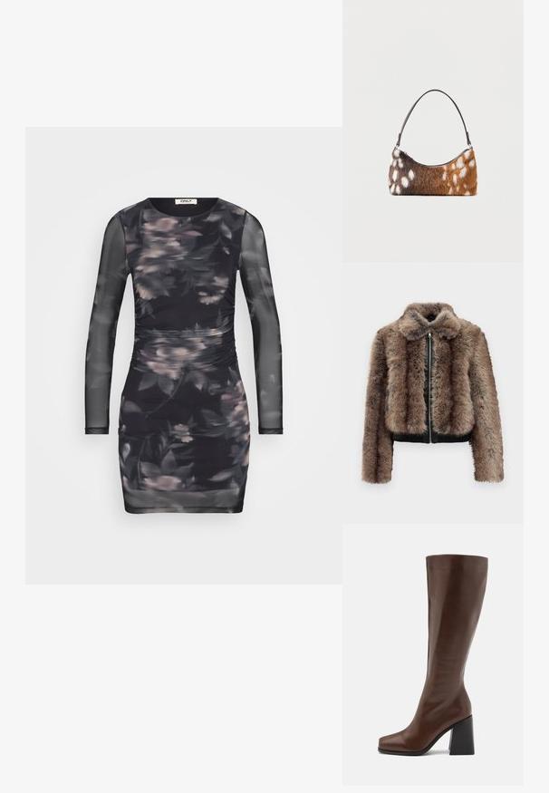 Veste en fausse fourrure marron et noire avec fermeture éclair devant, col, manches longues et ourlet noir côtelé sur fond blanc uni.; Robe noire à manches longues transparentes, arborant un motif floral dans des tons rose pâle et gris, froncée sur les côtés pour une silhouette ajustée.; RAID RENZO - Bottes - brown; Sac à bandoulière en fausse fourrure tachetée marron et blanche avec une fine sangle noire, présenté sur un fond blanc.