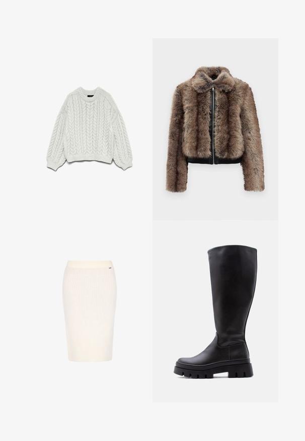 Brun og sort faux fur jakke med fuld lynlås fortil, krave, lange ærmer og sort ribbede kant mod en plain hvid baggrund.; Hvid strikket sweater med et kabelstrikkemønster, rund halsudskæring og lange ærmer med ribbede manchetter og kant.; Strikket blyantskørt i cremefarve med ribbet tekstur, længde over knæet og elastisk talje for komfort.; Sort knæhøj læderstøvle med tykkelig profil og rund tå, vist fra venstre side på en ensfarvet lys baggrund.