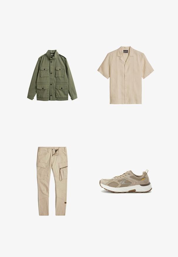 Veste militaire vert olive avec col montant, devant boutonné, quatre poches à rabat avec boutons noirs, et épaulettes sur les épaules.; Chemise beige à manches courtes avec boutons, col camp et coutures visibles, étalée à plat sur un fond blanc.; Pantalons cargo beiges en tissu léger, dotés de plusieurs poches, d'une poche zippée et de coutures renforcées. Design à jambe droite avec une coupe moderne.; Baskets de course beiges présentant une combinaison de matériaux en daim et en maille, avec un col rembourré et une semelle intermédiaire blanche accompagnée d'une semelle extérieure marron texturée.