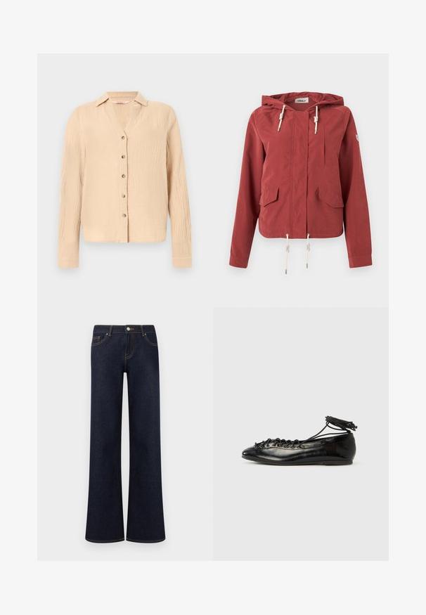 Veste à capuche rouge rouille avec fermeture éclair à l'avant, deux poches à rabat, une poche poitrine et des cordons réglables à la capuche et à l'ourlet.; Chemise beige clair à manches longues avec boutons, en tissu texturé subtil et col classique.; Jean en denim bleu foncé à jambes larges avec poches avant, fermeture par bouton et fermeture éclair, et coutures contrastantes visibles.; Ballerines en cuir verni noir avec un bout rond, un design à lacets et une semelle plate. Texture lisse avec peu de détails.