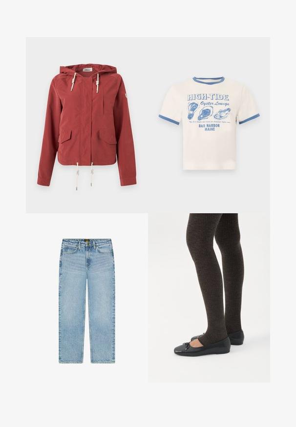 Rustfarvet hættejakke med lynlås foran, to klaplommer, brystlomme og justerbare snore i hætten og i kanten.; Kremfarvet t-shirt med blå kant og teksten "HIGH-TIDE Oyster Lounge" samt tre blå østerskalsillustrationer, der refererer til Bar Harbor, Maine.; Lee CAROL - Jeans Straight Leg - laundry line; Ben iført mørke ribbede leggings kombineret med sorte balletsko med små sløjfedetaljer på hvid baggrund.