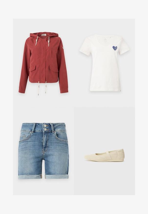 Veste à capuche rouge rouille avec fermeture éclair à l'avant, deux poches à rabat, une poche poitrine et des cordons réglables à la capuche et à l'ourlet.; T-shirt blanc à manches courtes avec col en V et petit motif en forme de cœur bleu marine sur la partie supérieure gauche de la poitrine.; Shorts en denim bleu avec ourlets retroussés, fermeture à double bouton, passants pour ceinture et poches avant sur fond blanc.; Ballerines beiges avec une exterior en cuir lisse, un bout en forme d'amande et une sangle élastique sur le coup de pied, avec des détails de couture subtils.
