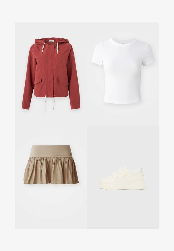Rooibruine capuchonjas met ritssluiting aan de voorkant, twee klepzakken, borstzak en verstelbare trekkoorden aan capuchon en zoom.; Effen witte cropped t-shirt met korte mouwen en ronde hals, weergegeven op een neutrale lichte achtergrond.; Beige katoenen rok met een gathered zoom, voorzien van een brede elastische tailleband. Lichtgewicht materiaal met een zachte textuur en een casual design.; Witte platform sneaker met dubbele klittenbandsluitingen en zilverkleurige studs op de hiel, zijdelings getoond tegen een effen achtergrond.