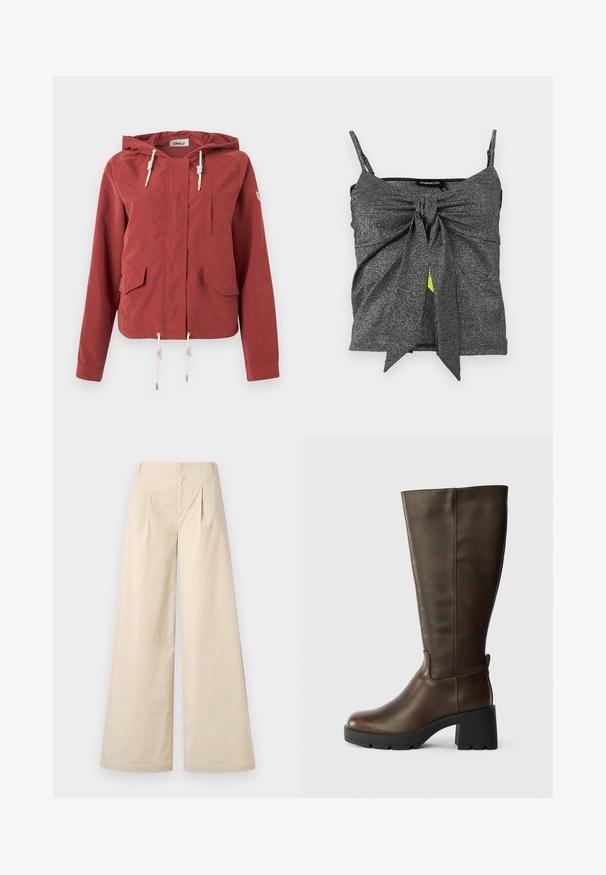 Ruosteenpunainen hupullinen takki, jossa vetoketju edessä, kaksi läppätaskua, rintatasku ja säädettävät nyörit hupussa ja helmassa.; Kiiltävä hopeanharmaa olkaimeton crop-top, jossa on ohuet hihnat ja iso solmu edessä, sidottuna keskelle.; Beige leveled trousers dengan pinggang tinggi, lipatan depan, dan tekstur katun yang halus. Dilengkapi dengan kantong samping dan desain yang bersih serta terawat.; Ruske nahke čizme do koljena s debelim crnim potplatom i teksturiranim završetkom. Imaju okrugli vrh i suptilne bočne šavove.