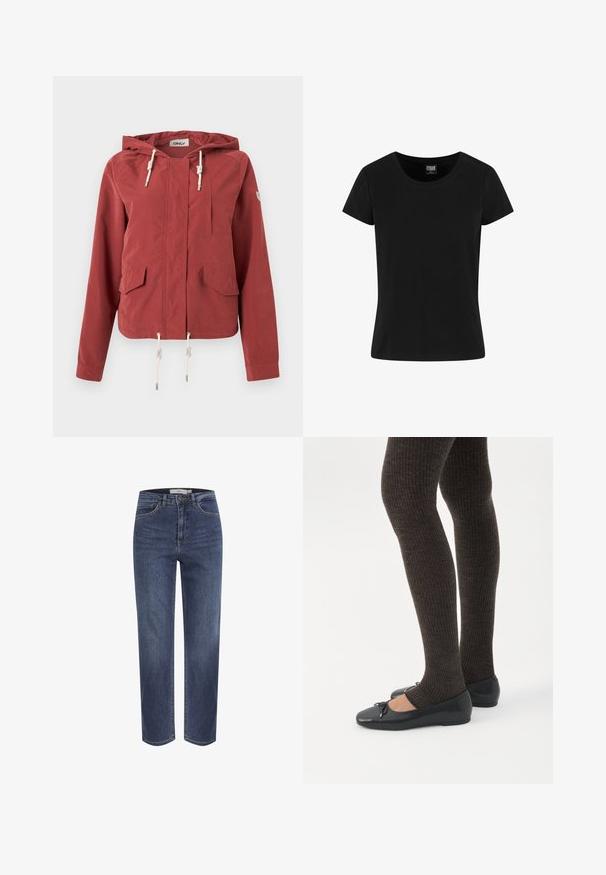 Kaputzenjacke in Rostrot mit Frontreißverschluss, zwei Klappentaschen, Brusttasche und verstellbaren Kordeln an Kapuze und Saum.; Schwarzes kurzärmliges T-Shirt aus Baumwolle, mit rundem Halsausschnitt und einem schlichten Design ohne Verzierungen.; Blaue Jeans mit geradem Bein, vorderen Taschen, Gürtelschlaufen und Knopfverschluss, dargestellt vor weißem Hintergrund.; Beine in dunklen, gerippten Leggings kombiniert mit schwarzen Ballerinas mit kleinen Schleifendetails auf weißem Hintergrund.