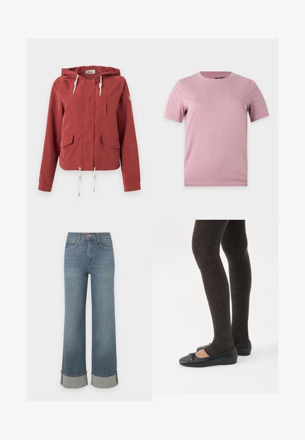 Rooibruine capuchonjas met ritssluiting aan de voorkant, twee klepzakken, borstzak en verstelbare trekkoorden aan capuchon en zoom.; Effen zachtroze katoenen T-shirt met korte mouwen en ronde halslijn, weergegeven op een vlakke lichtgrijze achtergrond.; Wijdvallende blauwe denim jeans hebben een hoge taille, opgerolde hems met grijze accenten, een vijf-pocket ontwerp en een knoopsluiting aan de voorkant.; Benen met donkere geribbelde leggings gecombineerd met zwarte ballerina's met kleine strikdetails op een witte achtergrond.
